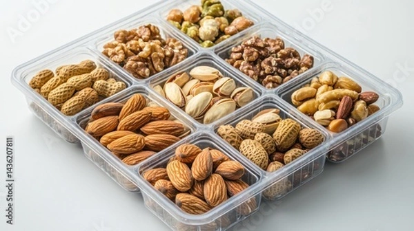 Fototapeta A clear plastic box containing assorted nuts and snacks.