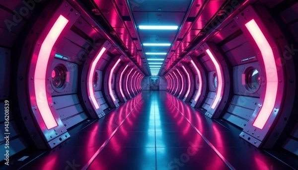 Fototapeta High-tech space vessel hallway with advanced technology and neon lights, space exploration, science fiction