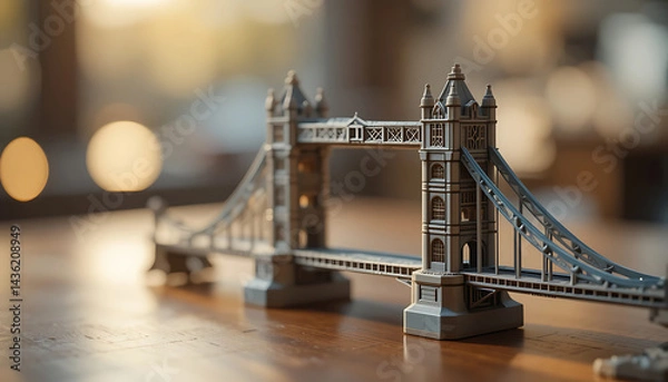 Obraz Miniature Bridge Model on Wooden Surface with Bokeh Background