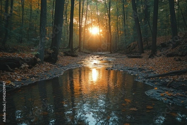 Fototapeta Sunlight streams through the autumn forest, reflecting in a shallow stream strewn with fallen leaves, creating a serene and scenic woodland view.
