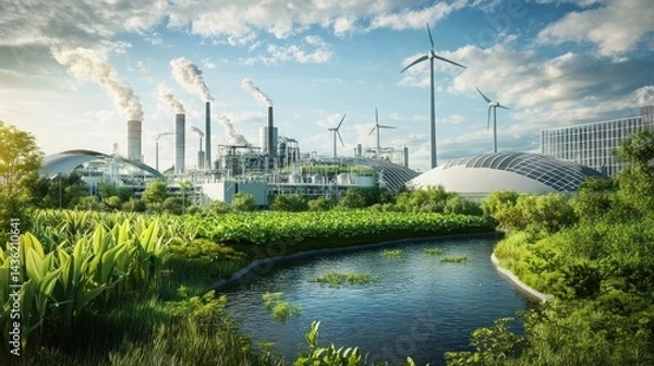 Fototapeta Sustainable industrial park with renewable energy. Lush greenery surrounds a modern factory complex, alongside wind turbines and a serene pond. Smoke stacks coexist with eco-friendly features