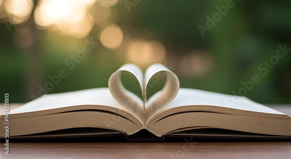 Obraz Open Book with Heart Shape Pages on Wooden Surface in Soft Sunlight