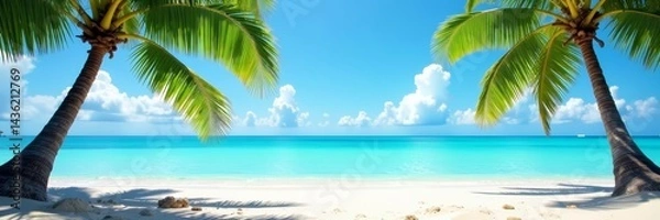 Fototapeta Idyllic beachfront view of crystal clear ocean and palm trees, ocean view, getaway