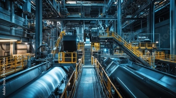 Obraz Industrial complex interior with machinery and walkways.  Processing and manufacturing facility.  High-tech metalwork