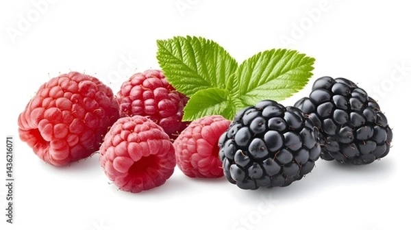Obraz Fresh Raspberry and Blackberry on White Background with Green Leaf