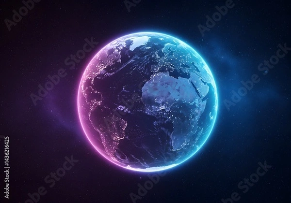 Fototapeta Earth Globe with Neon Lights, 3D Render, Night View, Global Illumination, Space Backdrop.