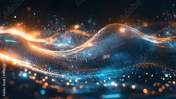 Fototapeta Abstract energy wave, glowing particles, dark background, cosmic scene, science concept Abstract Blue Orange Glowing Particles Background, Abstract energy wave, glowing particles, dark background,