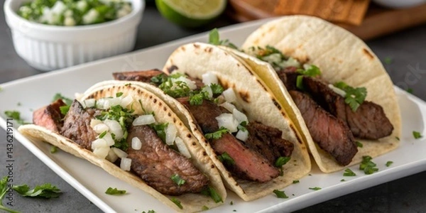 Fototapeta Three Delicious Steak Tacos with Cilantro and Onion Garnish, Food Photography, Close-up, Recipe Tacos, Steak, Food Photography