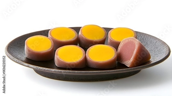Fototapeta Round Japanese Mochi Cake with Smooth Red Bean Filling on Plate