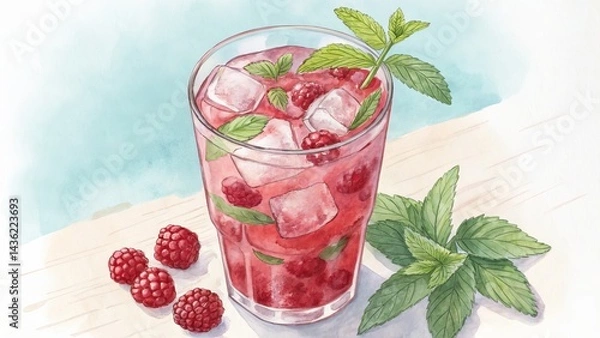 Fototapeta Watercolor Raspberry Mint Iced Drink, Glass Composition, Summer Beverage, Refreshing Cocktail Raspberry, Mint