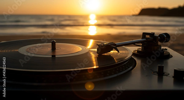 Obraz Playing Vinyl Record at Beach Sunset Golden Hour Serenity