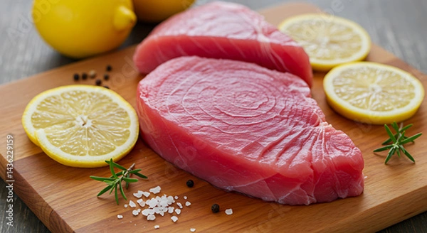 Obraz Preparing Raw Fish Steak with Lemon and Spices on Board