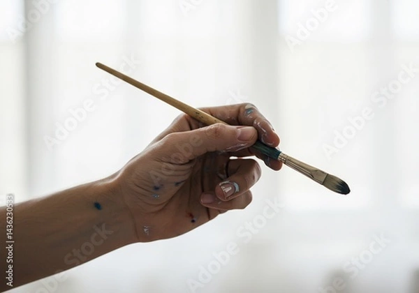 Fototapeta 柔らかな光差し込む部屋、絵筆持つ手、静謐な雰囲気