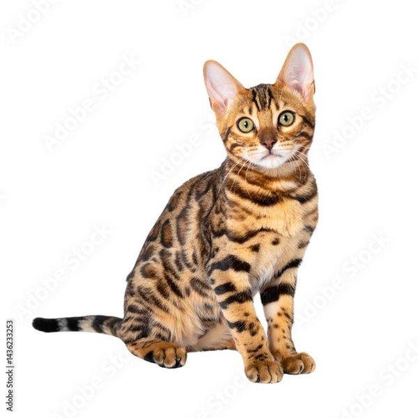 Fototapeta A Bengal cat with striking spotted and striped fur sits alertly, displaying large ears and bright, expressive eyes.