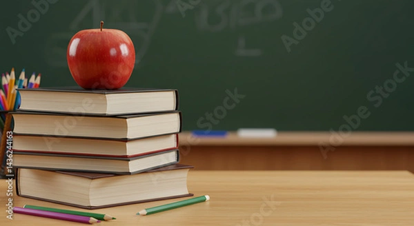 Obraz Stack of Books with Apple and Pencils on Desk