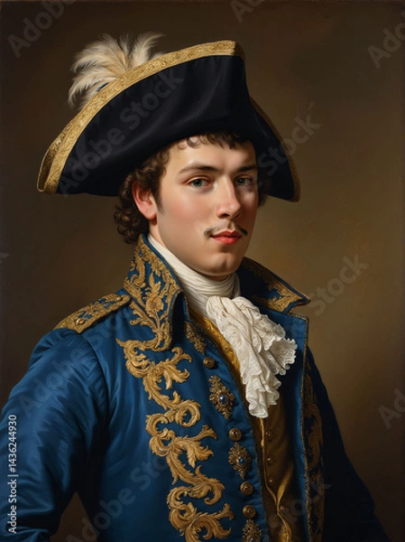 Obraz Renaissance painting portrait of a  Young Nobleman in Blue and Gold Embroidered Coat with Feathered Hat. 