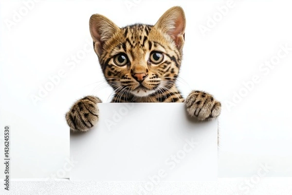 Obraz Bengal kitten holding blank sign on white background