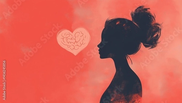Obraz Woman silhouette and heart brain illustration on red background
