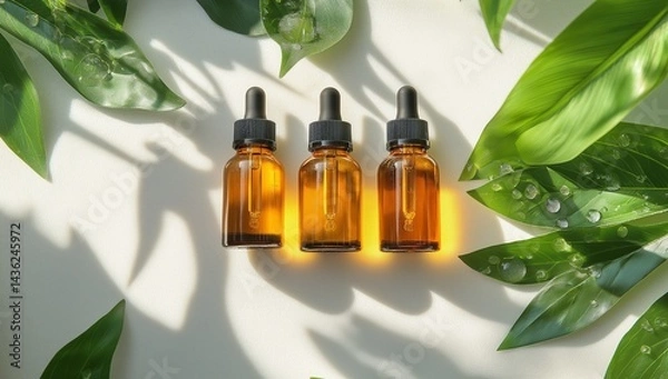 Obraz Amber dropper bottles with green leaves in natural light