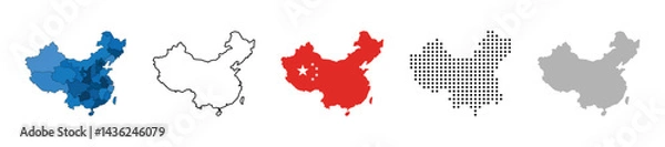 Fototapeta China map vector icon set. Silhouette, states, regions, outline, flag, flat, dotted styles. Vector illustration