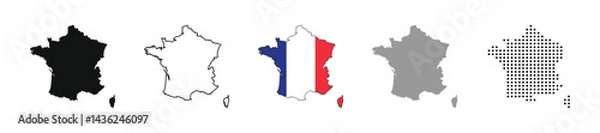 Fototapeta France map vector icon set. Silhouette, states, regions, outline, flag, flat, dotted styles. Vector illustration