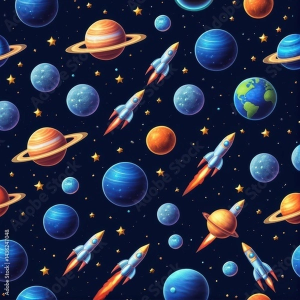 Fototapeta Holographic stickers featuring planets, UFOs, and rockets, metallic iridescent effects, starry dust, deep blue backdrop, sci-fi details.
