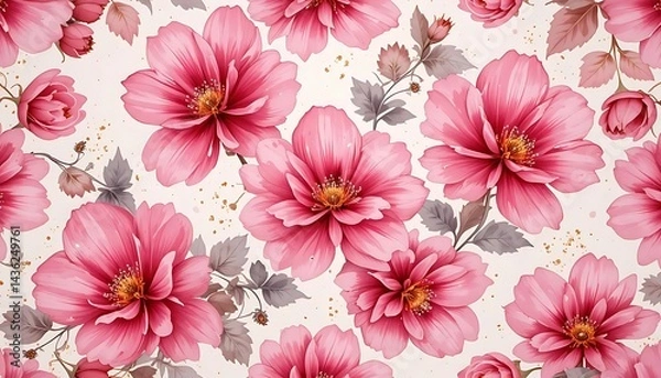 Fototapeta Pink Floral Bloom Pattern, Delicate Watercolor Design, Botanical Texture.