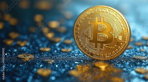 Fototapeta Glossy golden Bitcoin coin shines brightly against a vibrant blue surface, symbolizing digital currency and investment opportunities