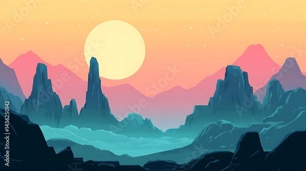 Fototapeta Serene Sunset Over Teal Mountainscape And Large Sun