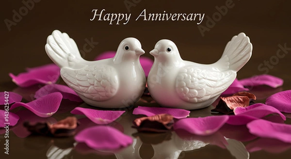 Obraz Two Ceramic Doves with Rose Petals Anniversary Card