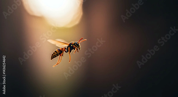 Obraz Wasp Flying Insect in Motion Against Blurred Background