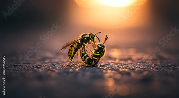 Obraz Two Wasps Interacting on Ground at Sunset Close Up