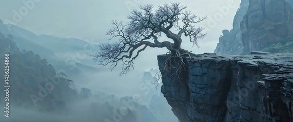 Fototapeta A solitary, gnarled tree with bare branches extending dramatically over the edge of a rocky cliff.