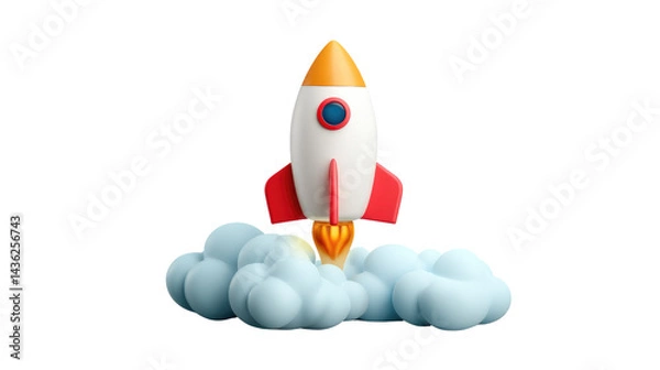 Fototapeta Rocket Launch: A stylized 3D render of a rocket launching from a cloud, symbolizing new beginnings, innovation, and rapid growth.