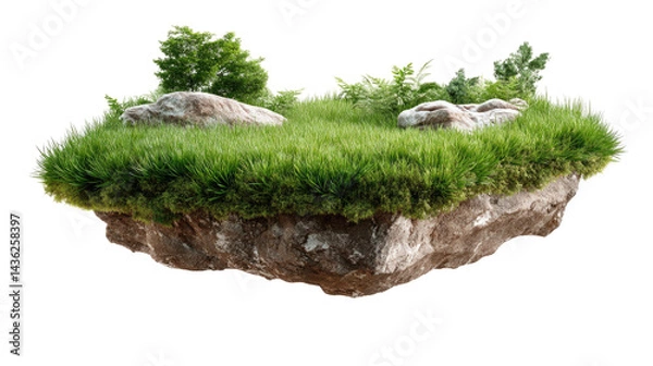 Fototapeta Floating Isle of Nature: A picturesque aerial scene of a grassy isle, home to life forms and earthy terrain, gracefully suspended in the sky.
