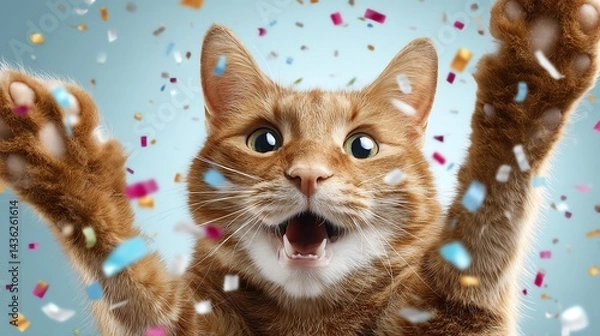 Fototapeta Joyful cat celebrating with colorful confetti on a playful background.