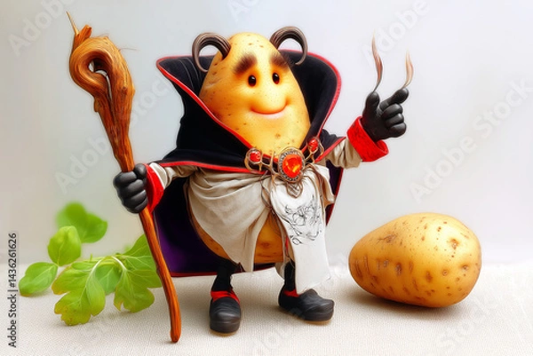 Fototapeta Friendly potato character dressed as a wizard with ram horns, cape, magical staff, and a flaming feather wand.