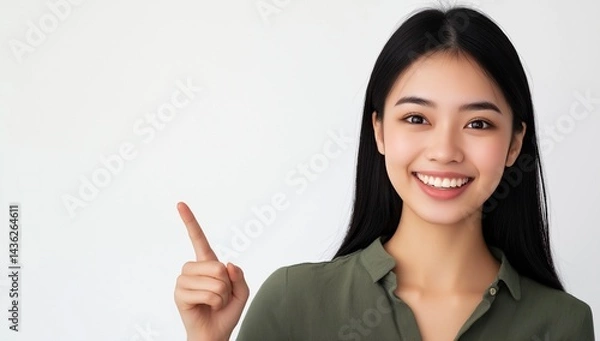 Obraz Smiling woman pointing upward against white background