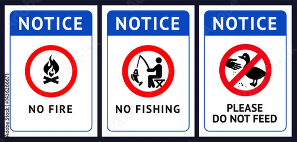 Fototapeta Prohibited label No fire, No fishing, Do not feed birds, forbidding sticker set