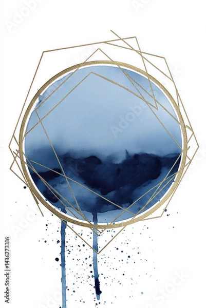 Obraz modern abstract navy blue watercolor painting with geometric gold frame splatter design on white background