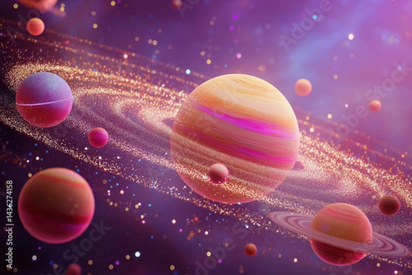 Obraz colorful pink holographic solar system with dreamy planets orbiting in vibrant cosmic galaxy space scene