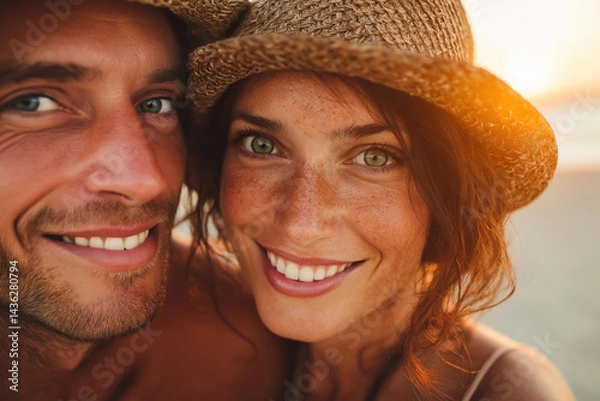 Obraz Happy Smiling Couple with Freckles Wearing Straw Hats at Sunset