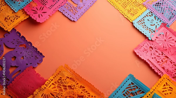 Obraz Bright Papel Picado Border with Colorful Cutouts on Orange Background