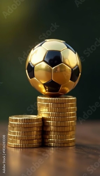 Fototapeta Shiny gold soccer ball on tall stack of coins, financial success symbol, ball, soccer, money