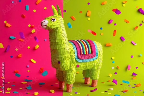 Obraz Colorful Llama Piñata Party Scene with Dual Pink and Green Background