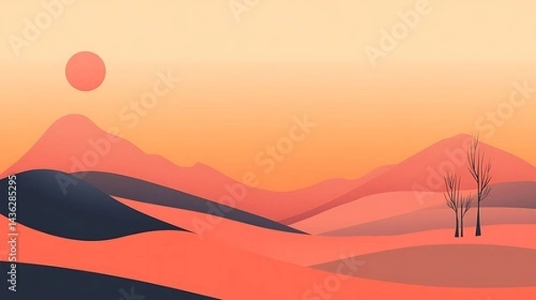 Fototapeta Sunset over rolling hills and barren trees
