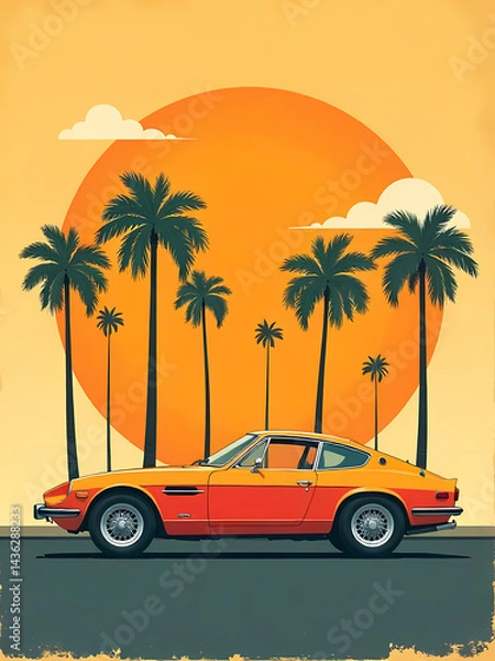 Fototapeta A classic, vibrant sports car is set against a tropical sunset with palm trees and a beautiful sky.