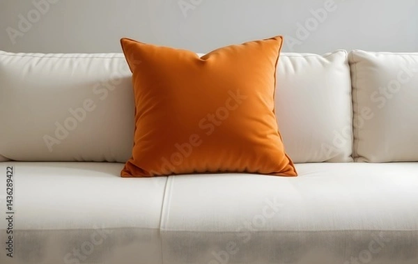 Fototapeta burnt-orange throw pillow with velvet texture on a minimalist cream sectional sofa, close up of orange pillow on a cream sofa