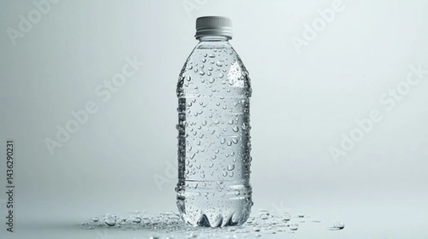 Obraz Clear Plastic Water Bottle with Bubbles on White Background
