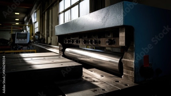Fototapeta A close-up of a hydraulic press machine in operation, the large metallic part being compressed 